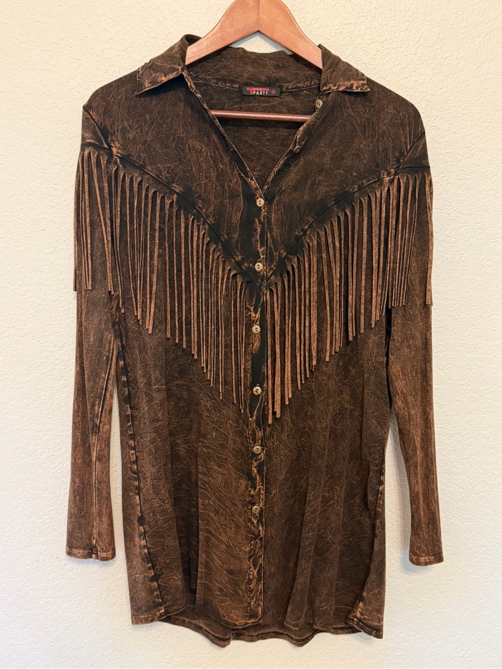 T-Party Brown Black Acid Wash Fringe Button-Front Western Tunic Shirt Size Small